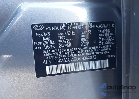 2019 Hyundai Santa Fe Se from USA, damaged, VIN 5NMS2CAD0KH088833